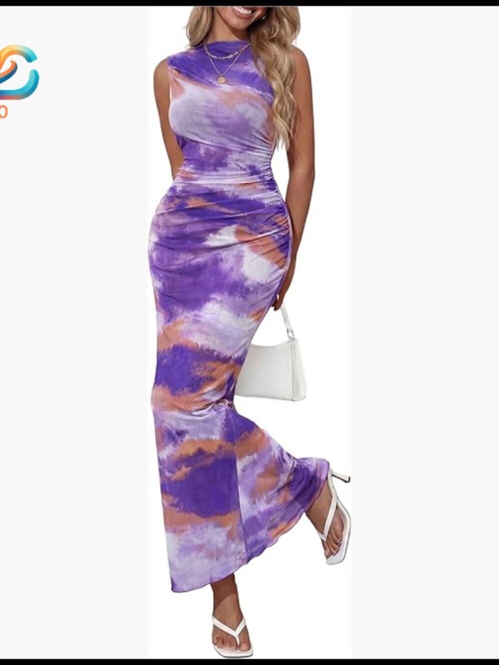 Sleeveless Mock Neck Maxi Dress Bodycon Tie Dye Mesh Cocktail Party
